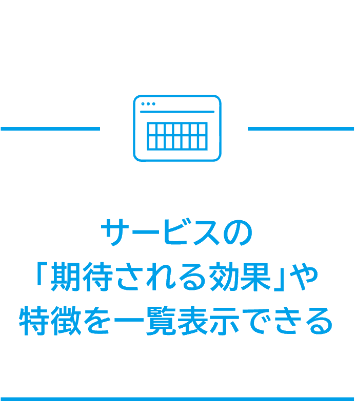 サービスの「期待される効果」や特徴を一覧表示できる